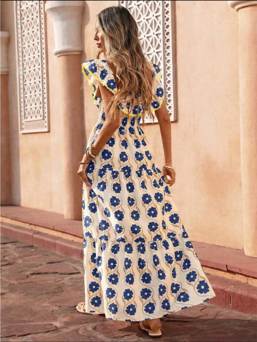Smocked Off-Shoulder Floral Maxi Dress in White and Blue - Picture 3 of 4